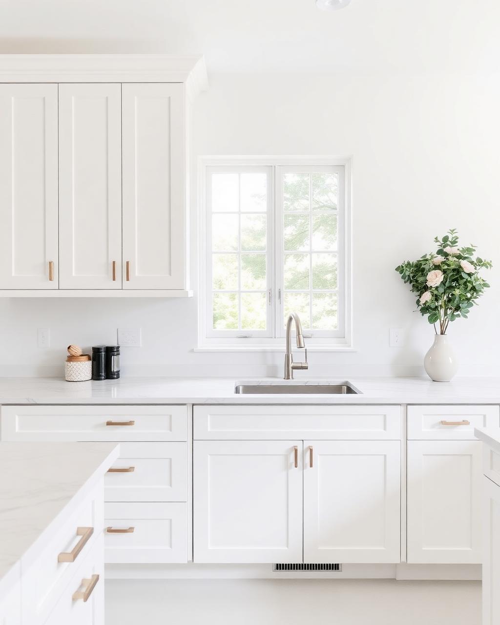 Bright white kitchen with Calacatta marble worktop
