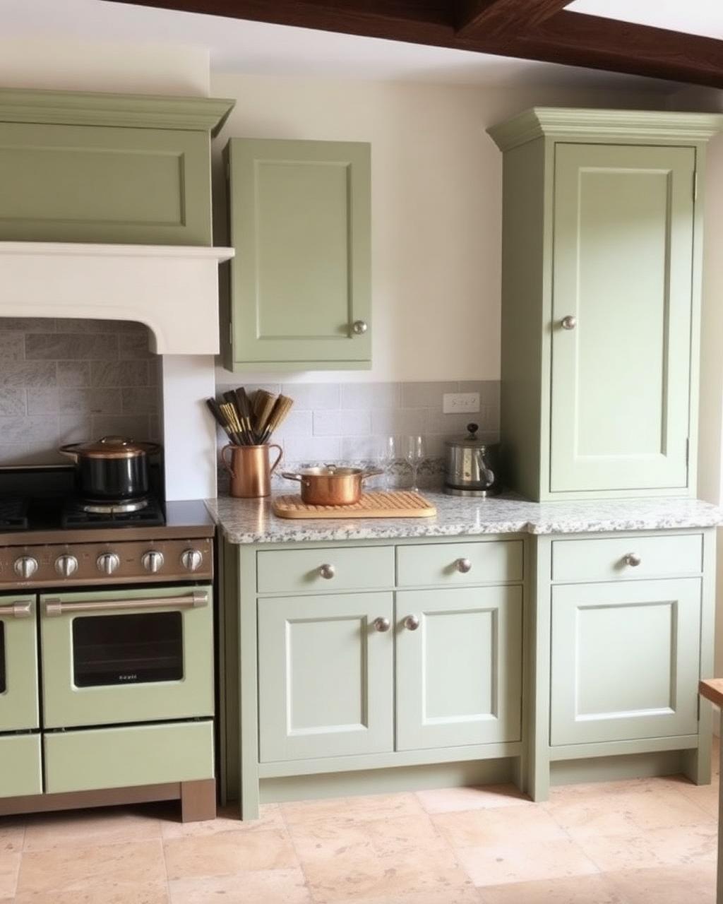 Sage green farmhouse kitchen with granite worktop in Cork