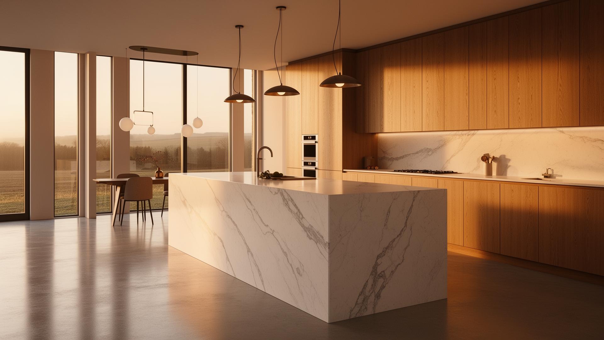 Luxury Irish kitchen with white quartz waterfall island